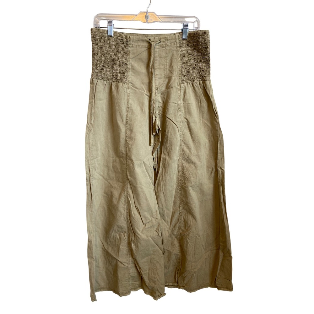 Wearables Khaki Tan Smocked Waist Wide Leg Linen Blend Pants S
